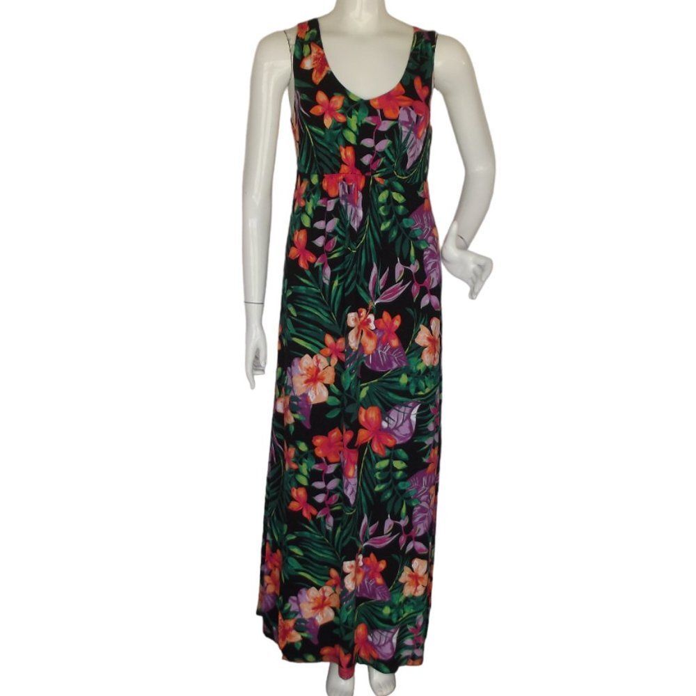 TOMMY BAHAMA Tambour Maxi Dress, S, Black/Multicolor Floral, Tank/Scoop, Jersey